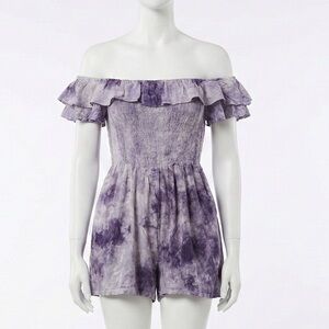 Altar’d State Boho Purple Tie Dye Off Shoulder Ruffle Smocked Romper Size Large